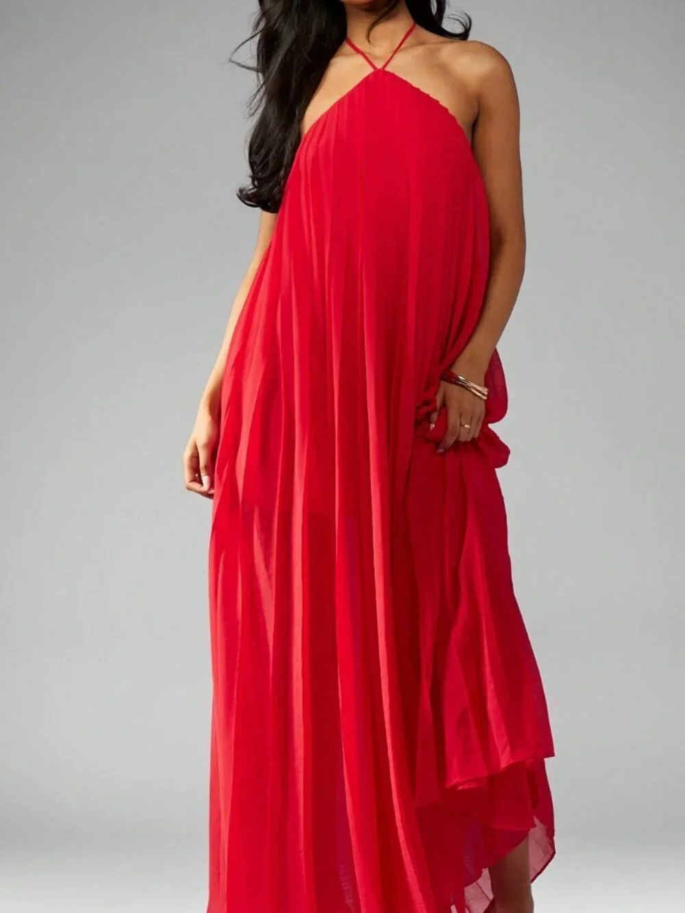 Red Casual Women's Pleated Maxi Halter Dress